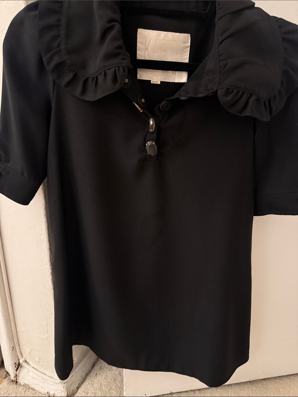 Black Ruffle Collar Short Sleeve Top - Unbranded